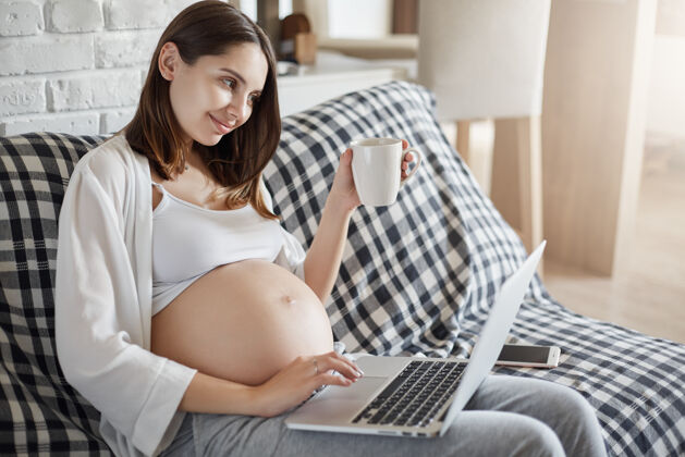 年轻快乐怀孕的自由职业者使用笔记本电脑提交最新的设计更改远程工作成人新的快乐