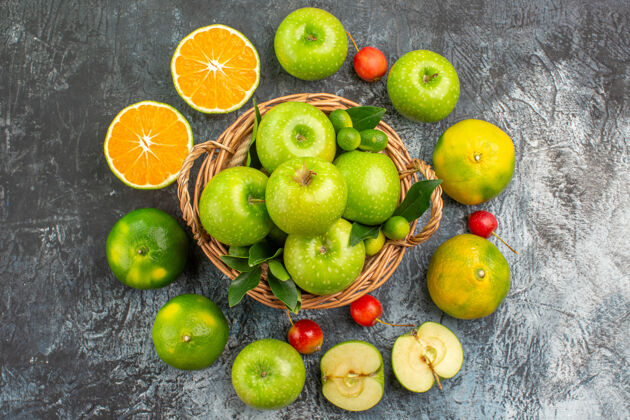 健康俯瞰苹果篮绿色苹果柑橘水果樱桃猕猴桃樱桃水果