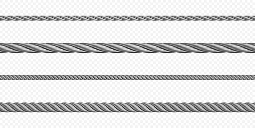 特写金属绳索不同尺寸的钢丝绳银色绞合电缆或线装饰缝纫物品或工业物品隔离套集合薄设备