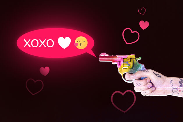 反应 xoxo 调情短信人开枪五颜六色枪媒体混合短信社交媒体调情