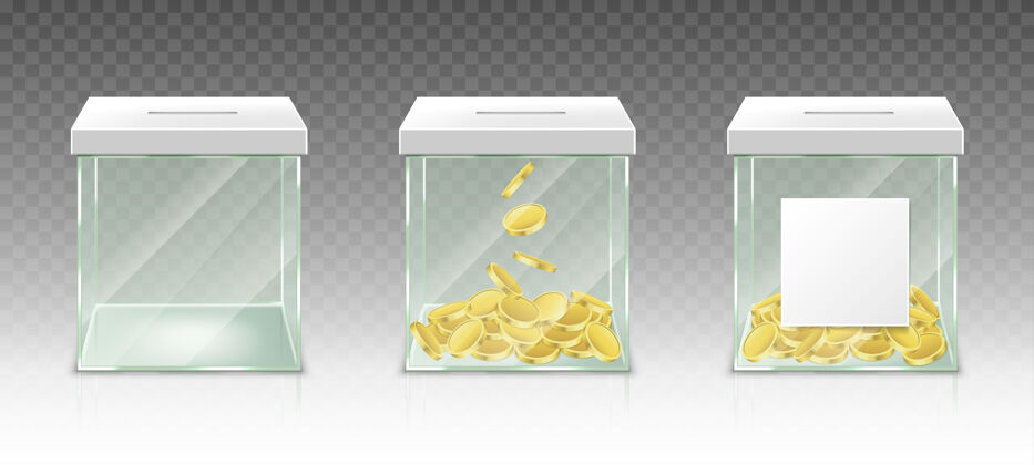 银行玻璃钱箱提示储蓄或捐赠隔离在透明墙上现实的一套d明确亚克力罐金币和白色空白标签养老基金慈善捐赠罐子现金正方形