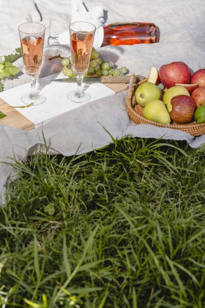 膳食把美味的野餐佳肴放在毯子上健康的水果营养