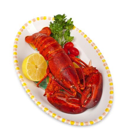 食物白墙上有柠檬和欧芹的红龙虾异国情调健康龙虾