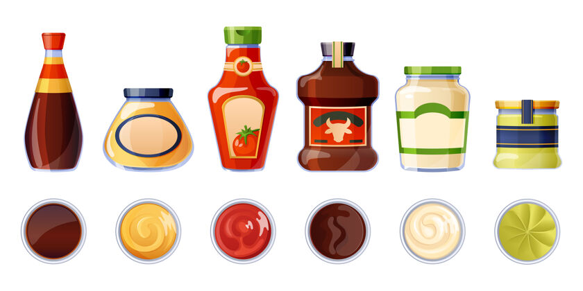 盘子一套不同的酱汁装在瓶子和碗里自制生物不同