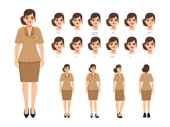 单位角色的动画与一组面和姿势女人设置工人