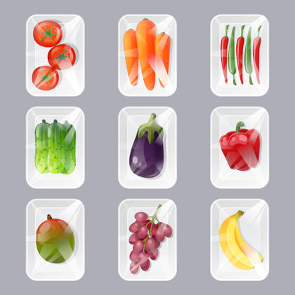 葡萄一套带有新鲜水果和蔬菜的塑料托盘 用卡通风格的透明薄膜包裹辣椒蔬菜产品