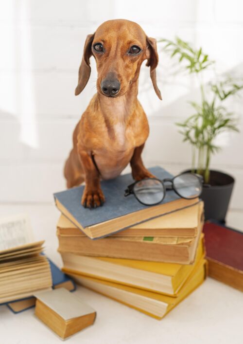文学可爱的狗坐在书上狗阅读垂直