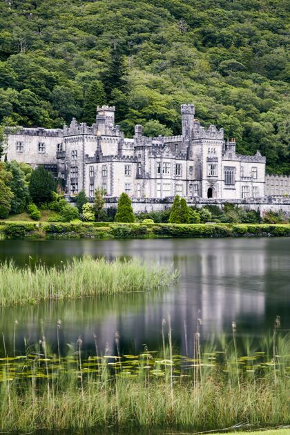 风景爱尔兰凯勒莫尔修道院的垂直拍摄 四周绿树成荫 湖光山色风景爱尔兰风景