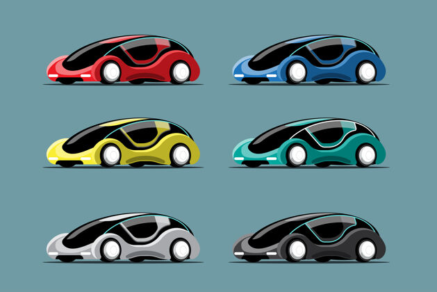 现实设置彩色的新创新高科技汽车卡通风格的图纸 平面插图蓝色背景豪华幻想世代
