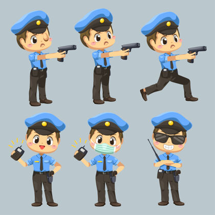 立场一组身着警服的男子用不同的卡通人物表演 孤立的平面插图快乐太阳镜帽子