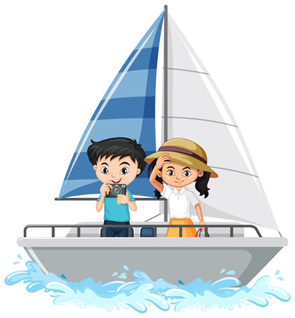 男孩一个男孩和一个女孩站在白色背景上孤立的帆船上卡通情感男性