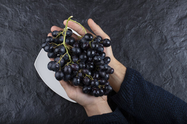 手男人的手拿着黑色背景上的一束黑葡萄美味健康新鲜