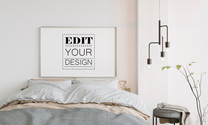 现代室内墙壁艺术帆布或画框模拟室内卧室床最小卧室