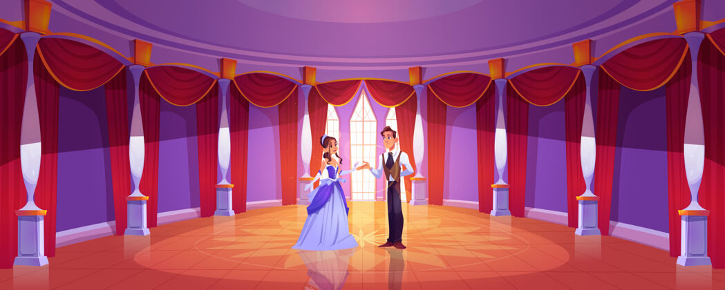 大厅王子和公主在皇家城堡舞厅卡通背景与夫妇在巴洛克宫殿圆形舞厅与柱 高窗和红色窗帘爱情故事舞会