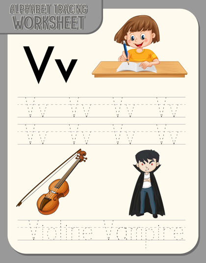 吸血鬼字母跟踪工作表与字母v和v小提琴孩子卡通