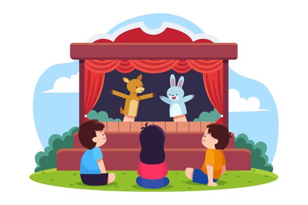 玩具有插图的孩子们在看木偶戏角色木偶玩耍