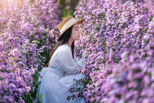 季节穿着白裙子的漂亮女孩坐在玛格丽特花丛里服饰亚洲快乐