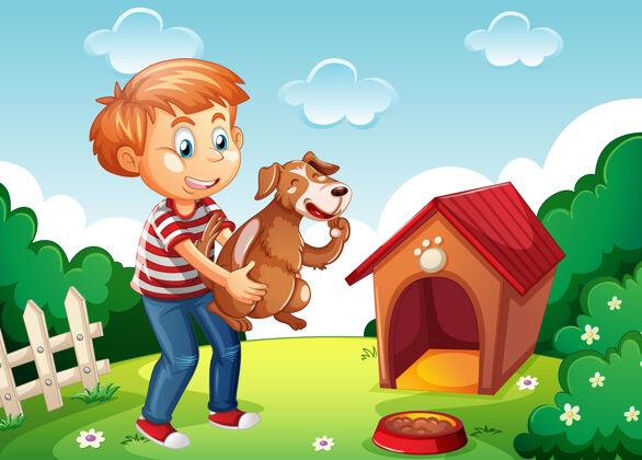 狗一个男孩抱着一只狗在大自然的场景白色狗屋生活绿色孩子