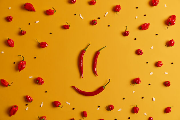 辣椒笑脸由红辣椒制成 黄色工作室背景健康饮食理念美食艺术和创意理念新鲜生蔬菜制成的快乐笑脸味道辣烹饪