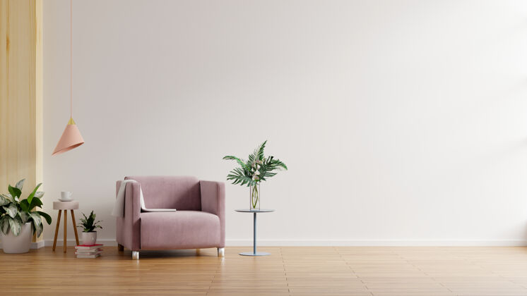 渲染现代简约主义室内 白色空墙上有扶手椅3d渲染墙壁公寓空白
