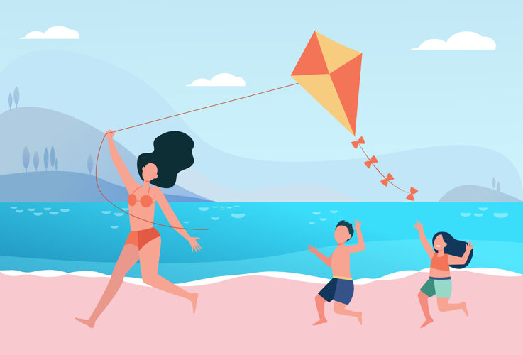 跑步快乐妈妈带着孩子们在沙滩上放风筝一家人在海边玩得开心家庭女性大海