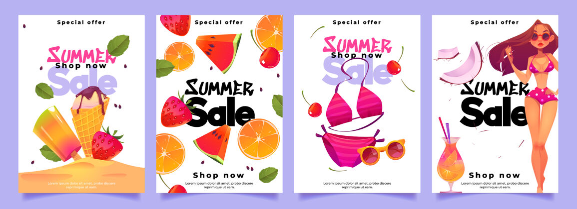 食品夏季销售横幅 女士比基尼 鸡尾酒 冰淇淋和新鲜水果水果西瓜特别