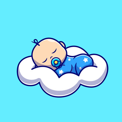 人物可爱的宝宝睡在云枕头卡通图标插图床婴儿父母
