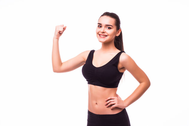 健美运动与完美的身体显示肱二头肌 健身女孩工作室拍摄白色背景的年轻女子人运动二头肌