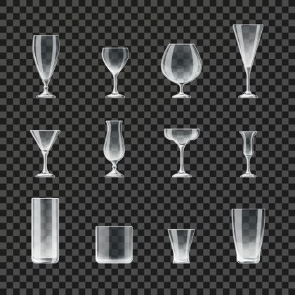 杯子玻璃杯和高脚杯透明图标鸡尾酒和香槟的玻璃杯 啤酒和威士忌的玻璃杯插图酒精高脚杯威士忌