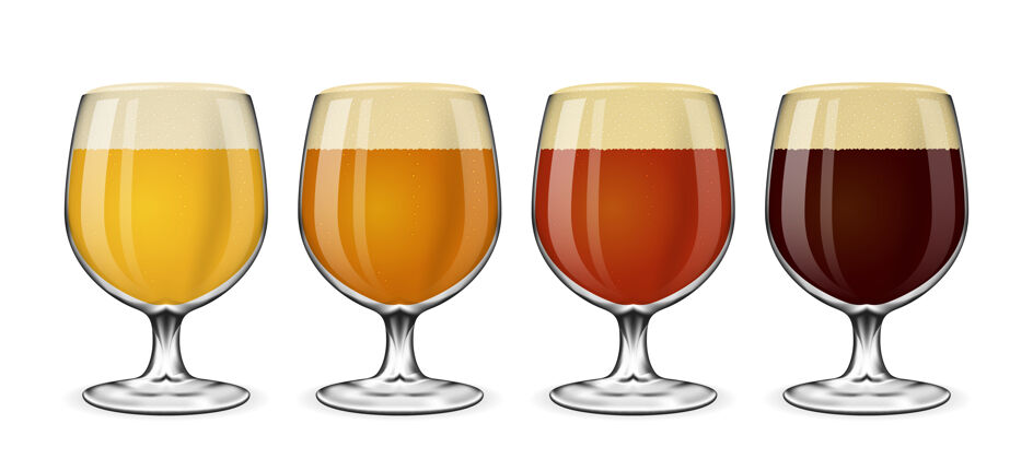 暗啤酒杯套装淡啤酒和麦芽酒 琥珀色和白啤酒上的粗壮啤酒杯喝啤酒的玻璃插图酒精酒收集