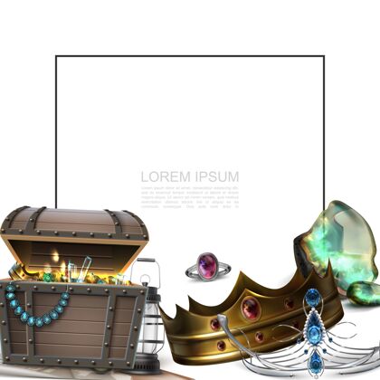 珠宝现实海盗珍宝概念与框架文字皇冠王冠戒指灯笼胸前装满金币和珠宝集戒指皇冠
