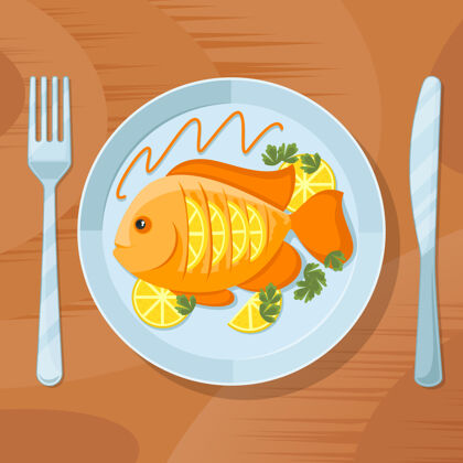 烹饪新鲜的鱼健康晚餐鱼美味的菜肴插图美味的鱼与刀叉盘子小吃平面盘子