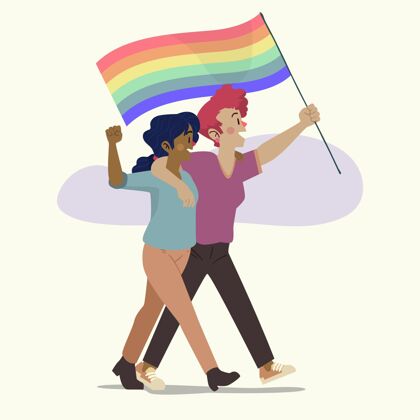 女朋友可爱的女同性恋夫妇与同性恋者旗帜关系浪漫同性恋