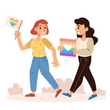 关系可爱的女同性恋夫妇与lgbt旗帜插图人女人女朋友