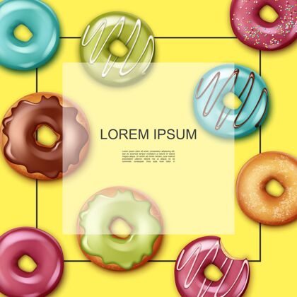 零食现实甜点高级模板与文本框彩色甜甜圈与不同的成分和口味的黄色背景插图配料巧克力餐