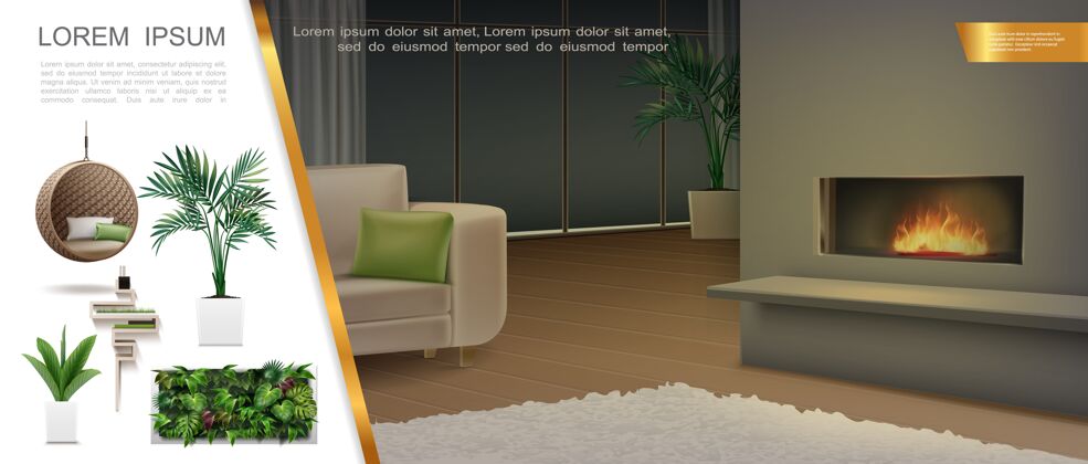 舒适逼真的家居室内构图与壁炉沙发枕头地毯挂柳条椅子架子装饰绿色墙壁花盆植物插图装饰沙发木头