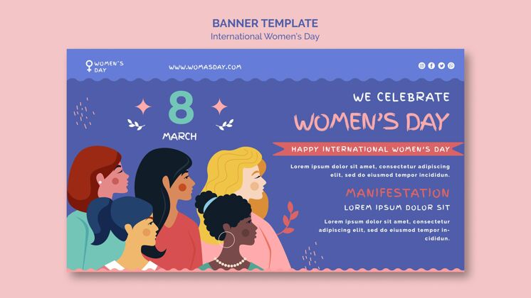 横向美丽的妇女节横幅模板插图女孩国际妇女节节日