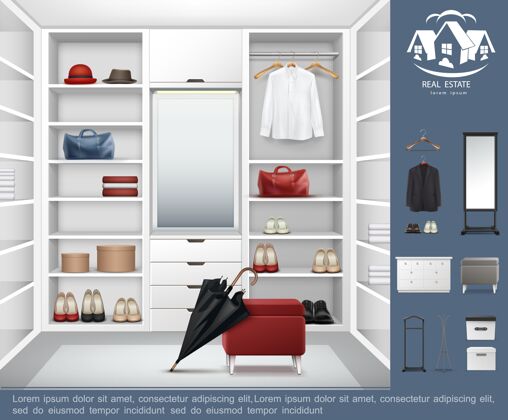 配件逼真的现代衣柜室概念 配有架子抽屉 装满男女服装配件和衣帽间内部元素插图架子鞋子衣柜