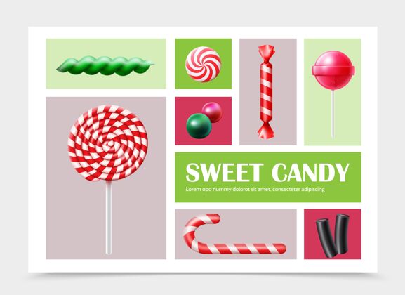 甜现实甜蜜的产品设置与五颜六色棒棒糖糖甘蔗糖糖和甘草插图螺旋吃球