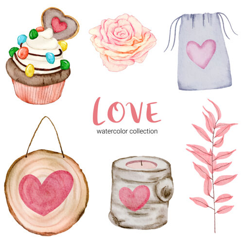 纸杯蛋糕套大孤立的水彩情人节概念元素可爱浪漫的红粉心形装饰 插画标志团体蜡烛