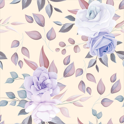 花卉浪漫的花朵无缝图案搭配紫色花朵装饰壁纸分支浪漫