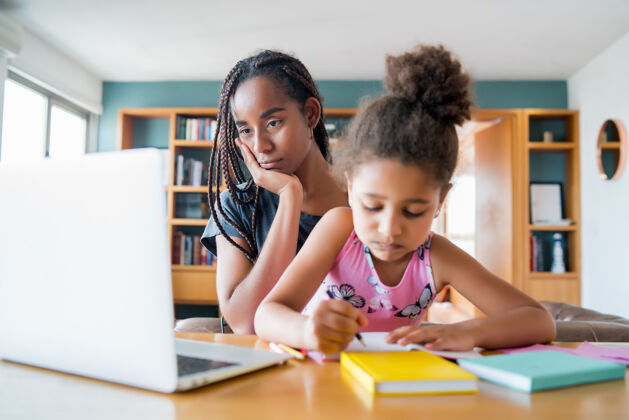 学习母亲在家里帮助和支持女儿上网络学校新的正常生活方式理念单亲观念家庭学校母亲女孩