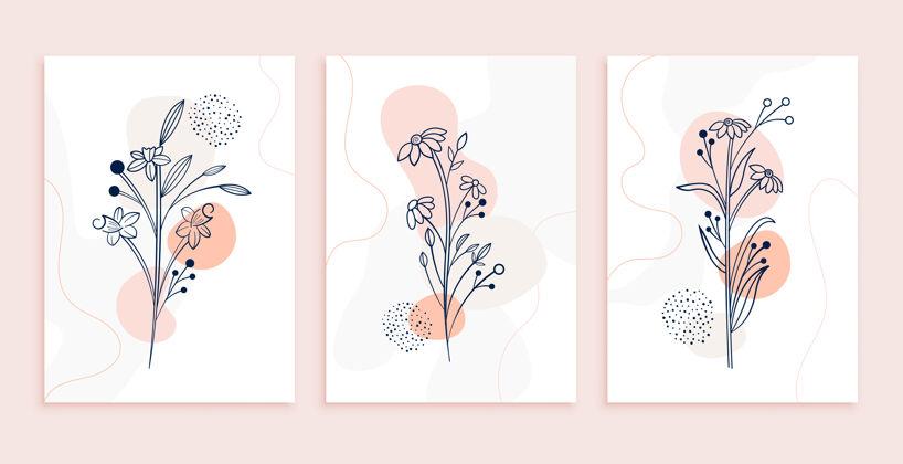 斯堪的纳维亚最小线艺术花卉和树叶海报设计蓬勃发展手形状
