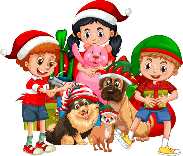 团体一群孩子带着他们的狗狗穿上白色背景上的圣诞服装卡通人物圣诞老人宠物聚会