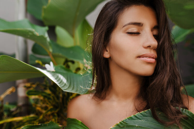年轻晒得黝黑的女人 不化妆 在长着巨大叶子的热带植物间摆姿势肖像女性热带