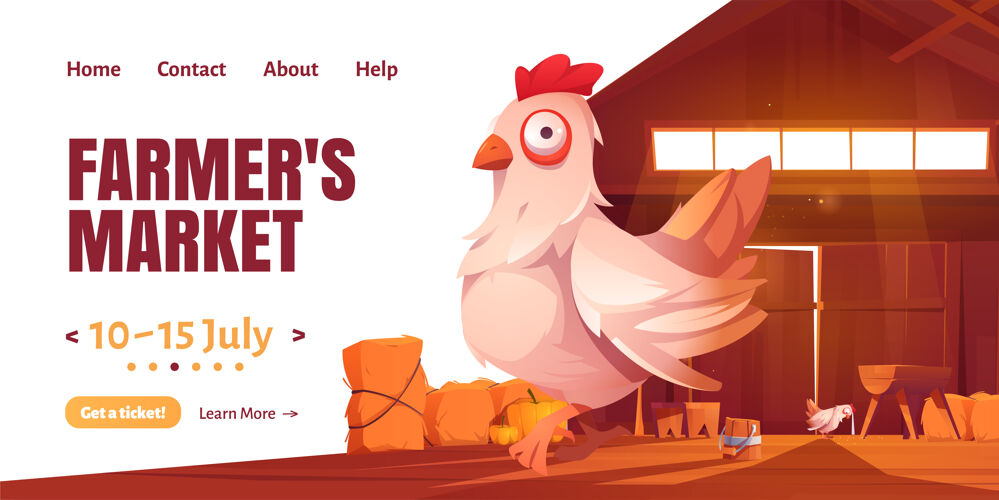 仓库农贸市场卡通登陆页与鸡在谷仓或农舍乡村生态鸡肉
