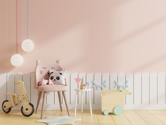 托儿所儿童房的模拟墙 带浅粉色背景的椅子 3d渲染白色工作卧室