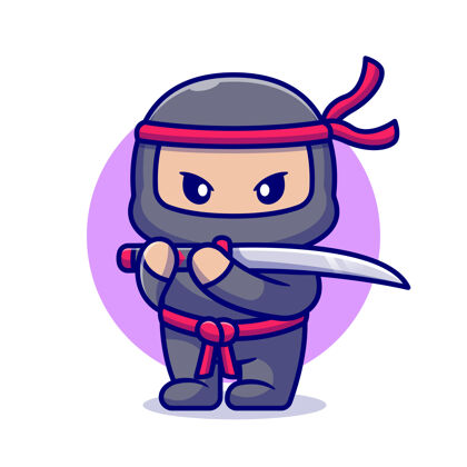 战士可爱的忍者与剑卡通平面卡通风格卡通武士面具