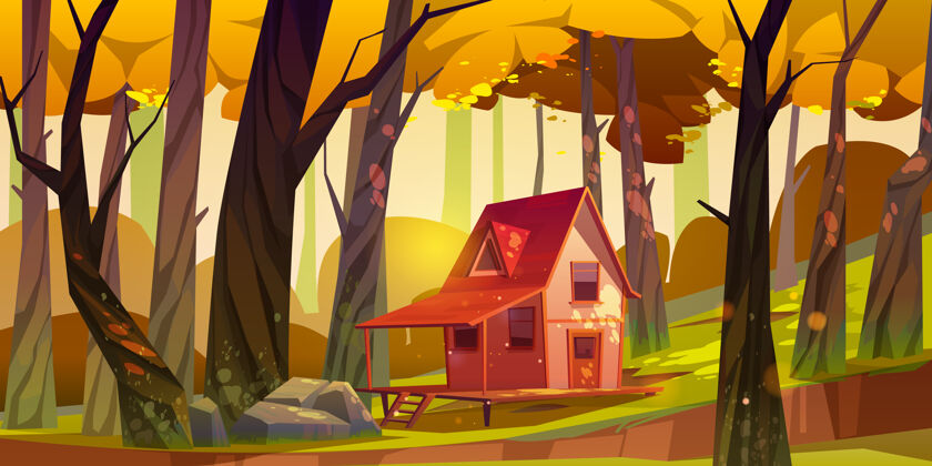 小屋秋天森林里的木高跷房子古老的棚屋 在深深的木头堆上有露台 落日的阳光照射在落日的树木中间全景巫婆幻想