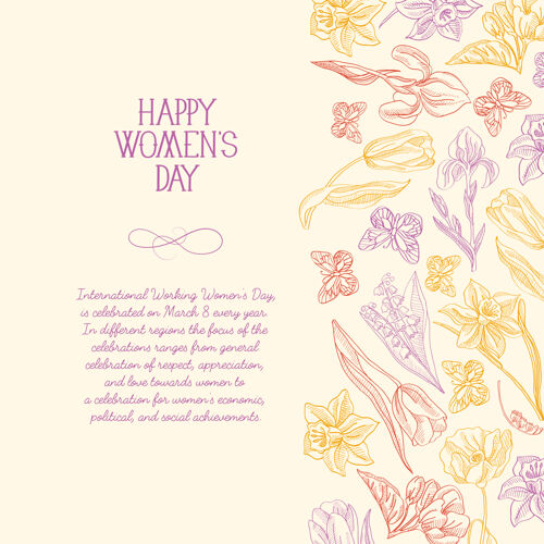概念妇女节快乐贺卡 文字右侧有许多鲜花和问候语矢量插图时尚国际优雅